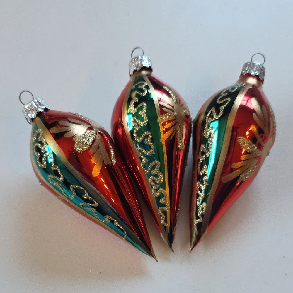 Vintage Holiday Ornaments Set Of 6 - Glass With Glitter Accents